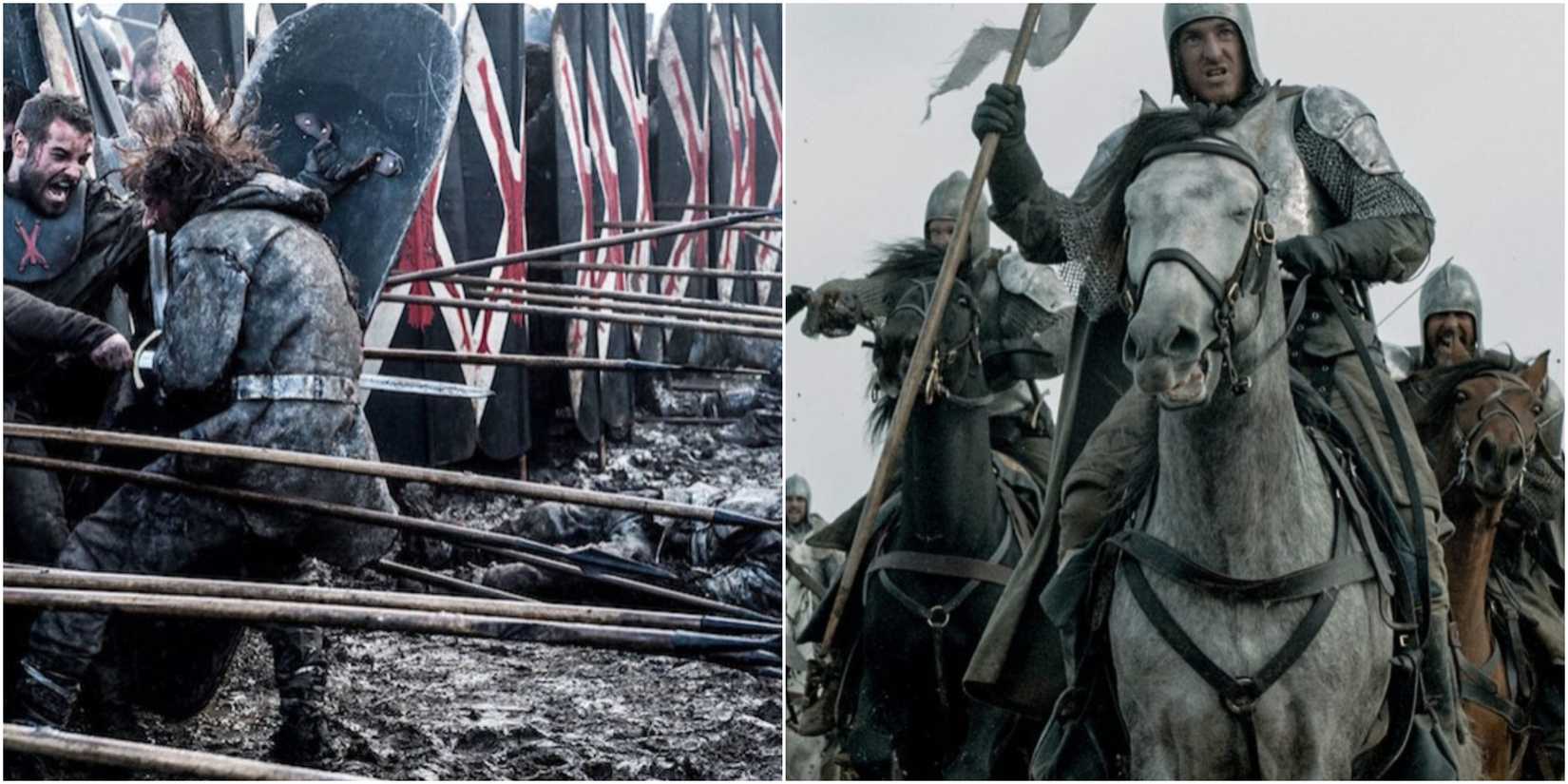 Split image of the Bolton shield bearers and the Knights of the Vale from Battle of the Bastards in Game of Thrones.