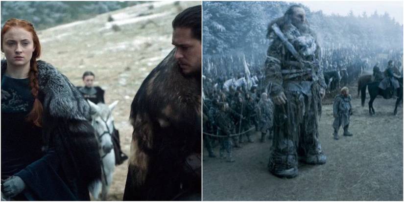 Split image of Sansa Stark Lyanna Mormont Jon Snow and Wun Wun from Battle of the Bastards in Game of Thrones.