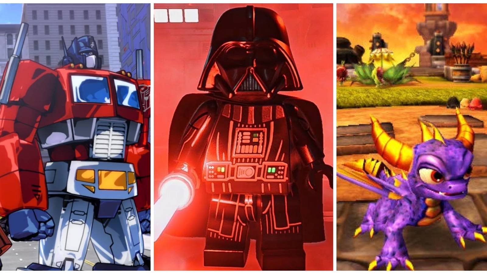 optimus prime from transformers devastation, darth vader from lego skywalker saga, spyro from skylanders
