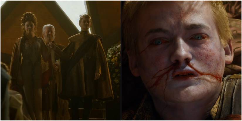 Split image of Margaery Tyrell and Joffrey Baratheon's wedding and Joffrey choking in Game of Thrones.