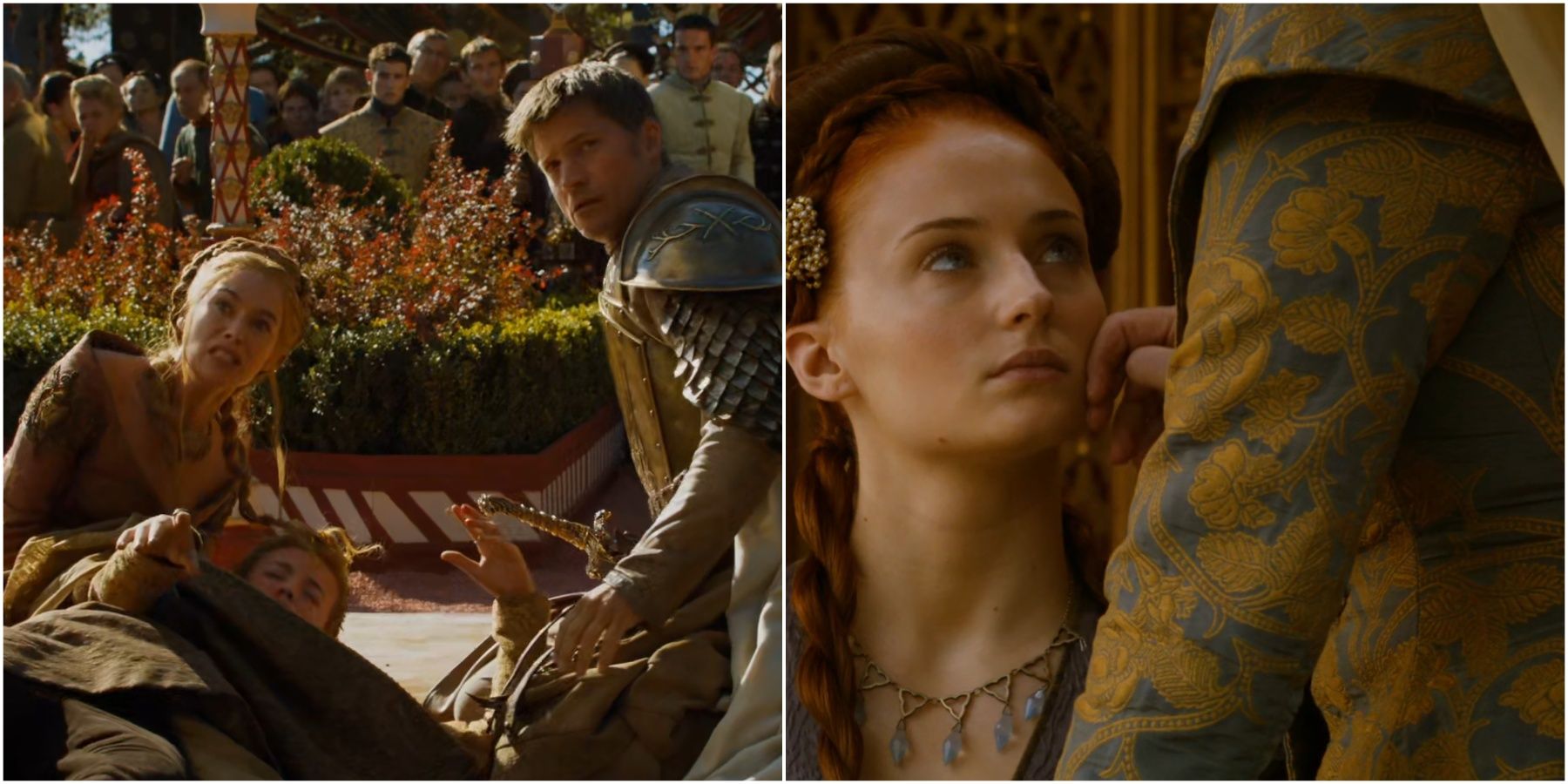 Split image of Cersei Lannister Joffrey Baratheon Jaime Lannister and Sansa Stark's necklace at the Purple Wedding in Game of Thrones.