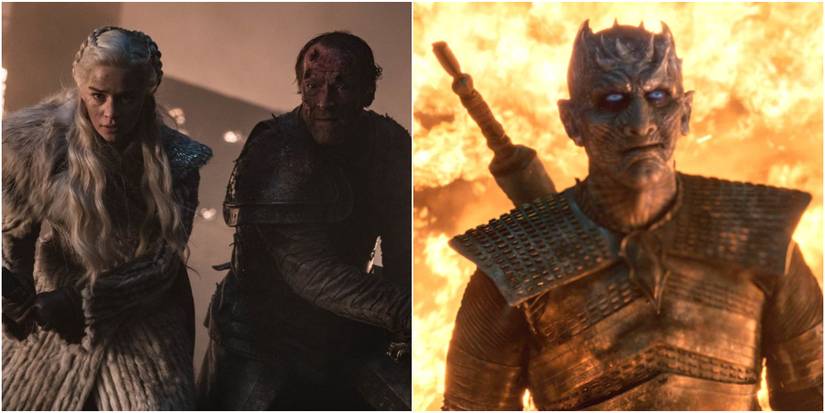 Split image of Daenerys and Ser Jorah and the Night King at Battle of Winterfell in Game of Thrones.