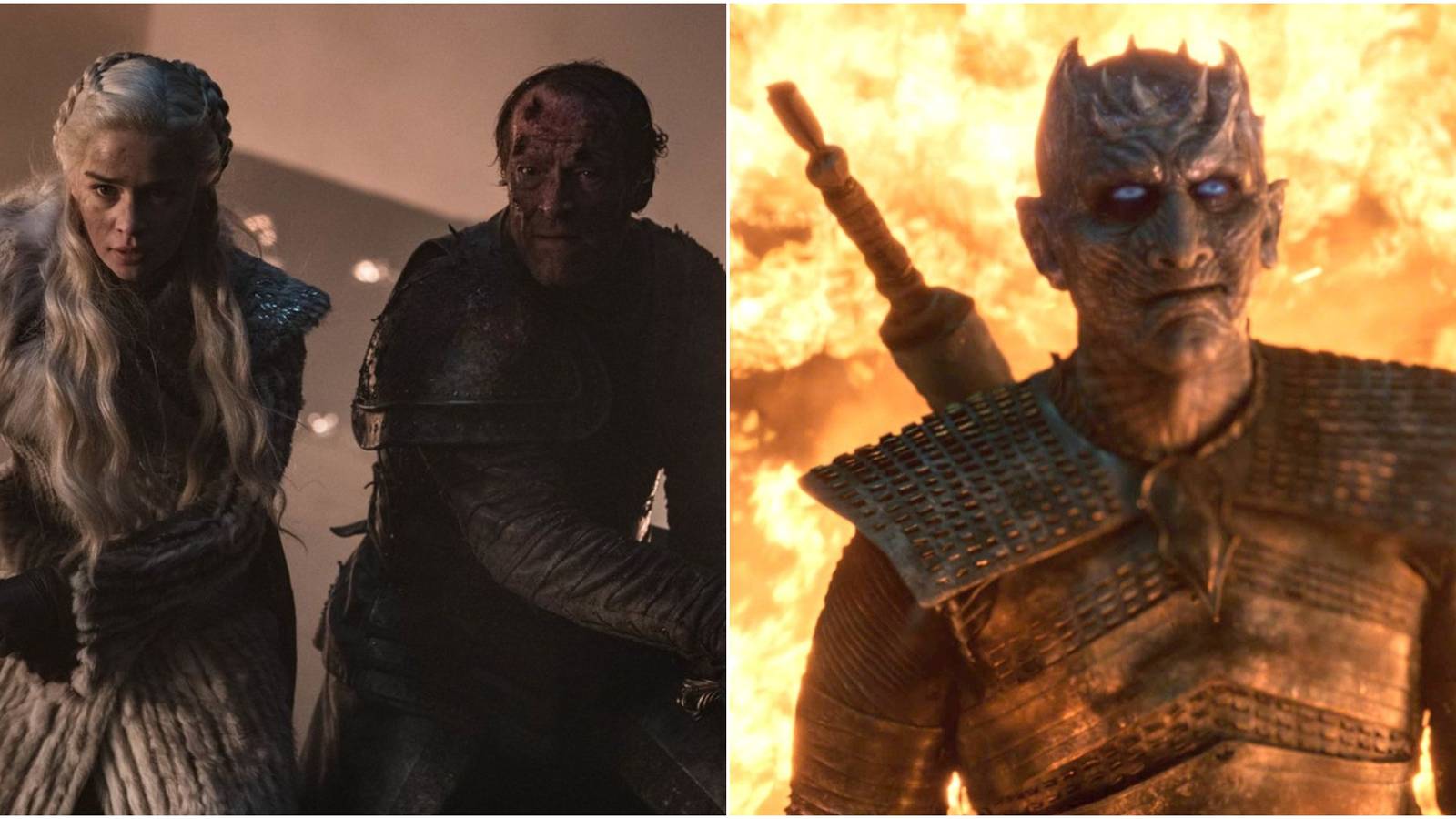 Split image of Daenerys and Ser Jorah and the Night King at Battle of Winterfell in Game of Thrones.
