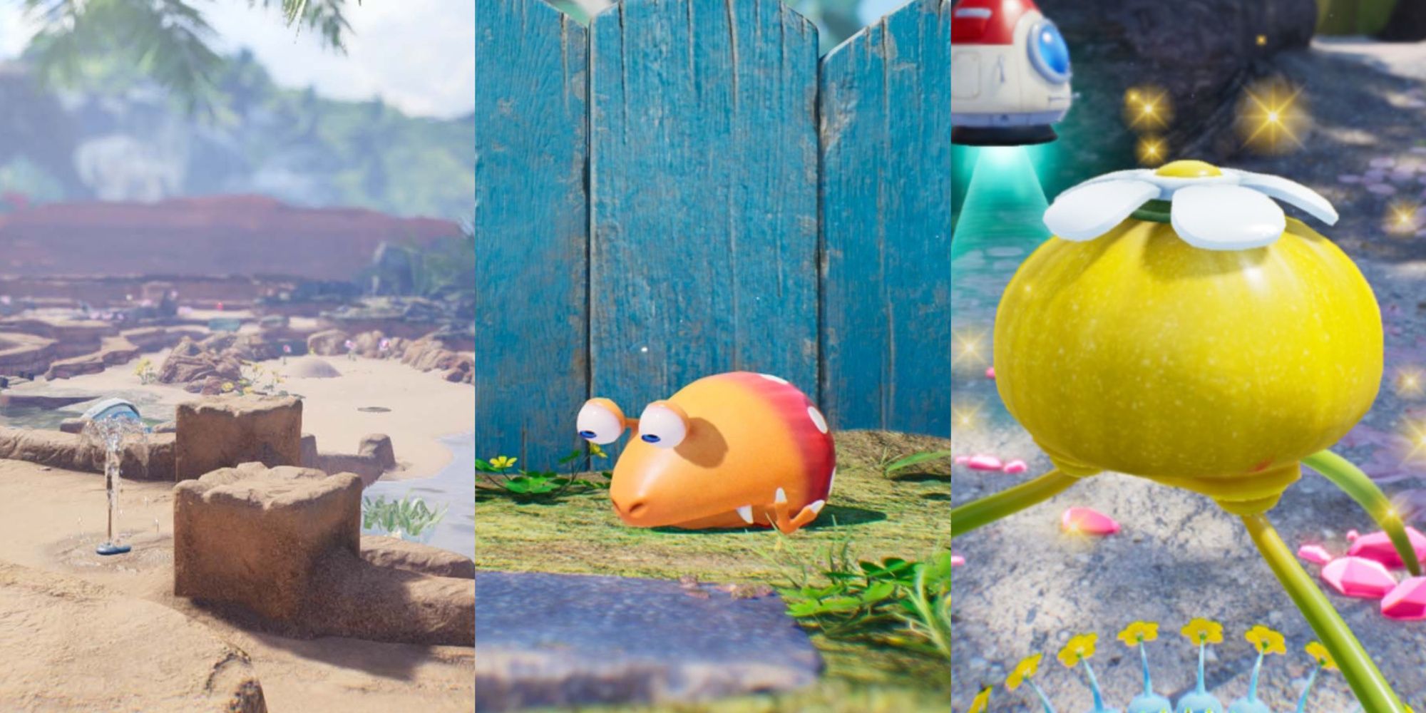 A collage showcasing different aspects of Pikmin 4, including: a beach, a red bulborb and a yellow onion.