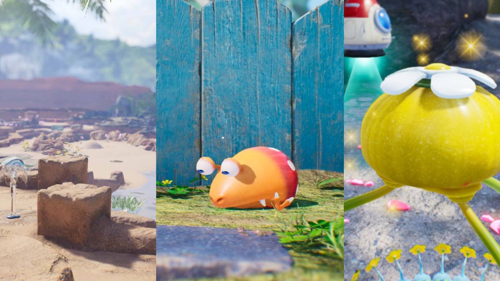 A collage showcasing different aspects of Pikmin 4, including: a beach, a red bulborb and a yellow onion.