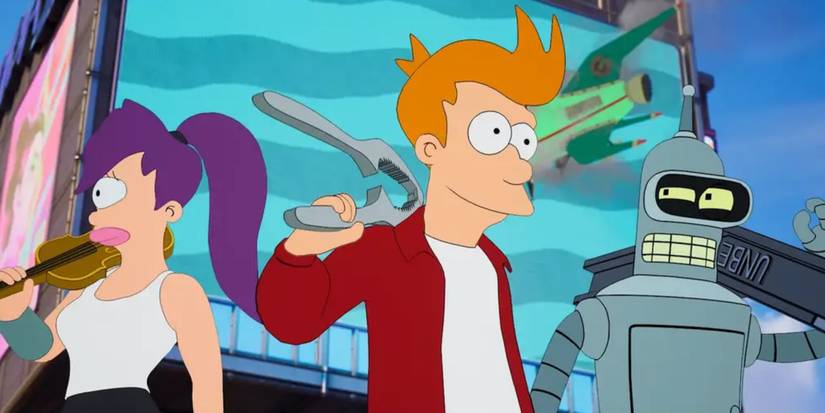 leela, fry and bender in mega city on fortnite