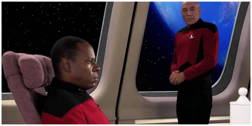 Avery Brooks as Capt. Sisko. Patrick Stewart as Capt. Picard.