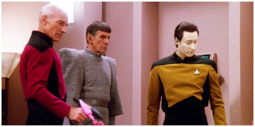 Patrick Stewart as Capt. Picard. Leonard Nimoy as Spock. Brent Spiner as Data.