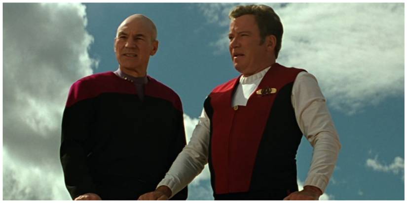 Patrick Stewart as Capt. Picard. William Shatner as Capt. Kirk.