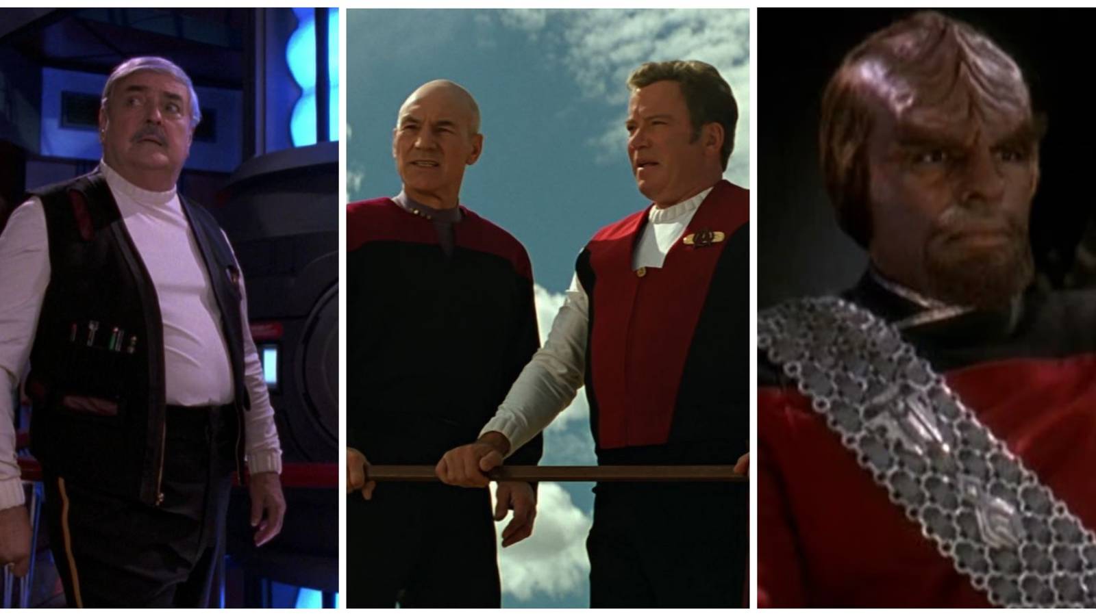 James Doohan as Montgomery Scott. Patrick Stewart as Capt. Picard. William Shatner as Capt. Kirk. Michael Dorn as Worf.