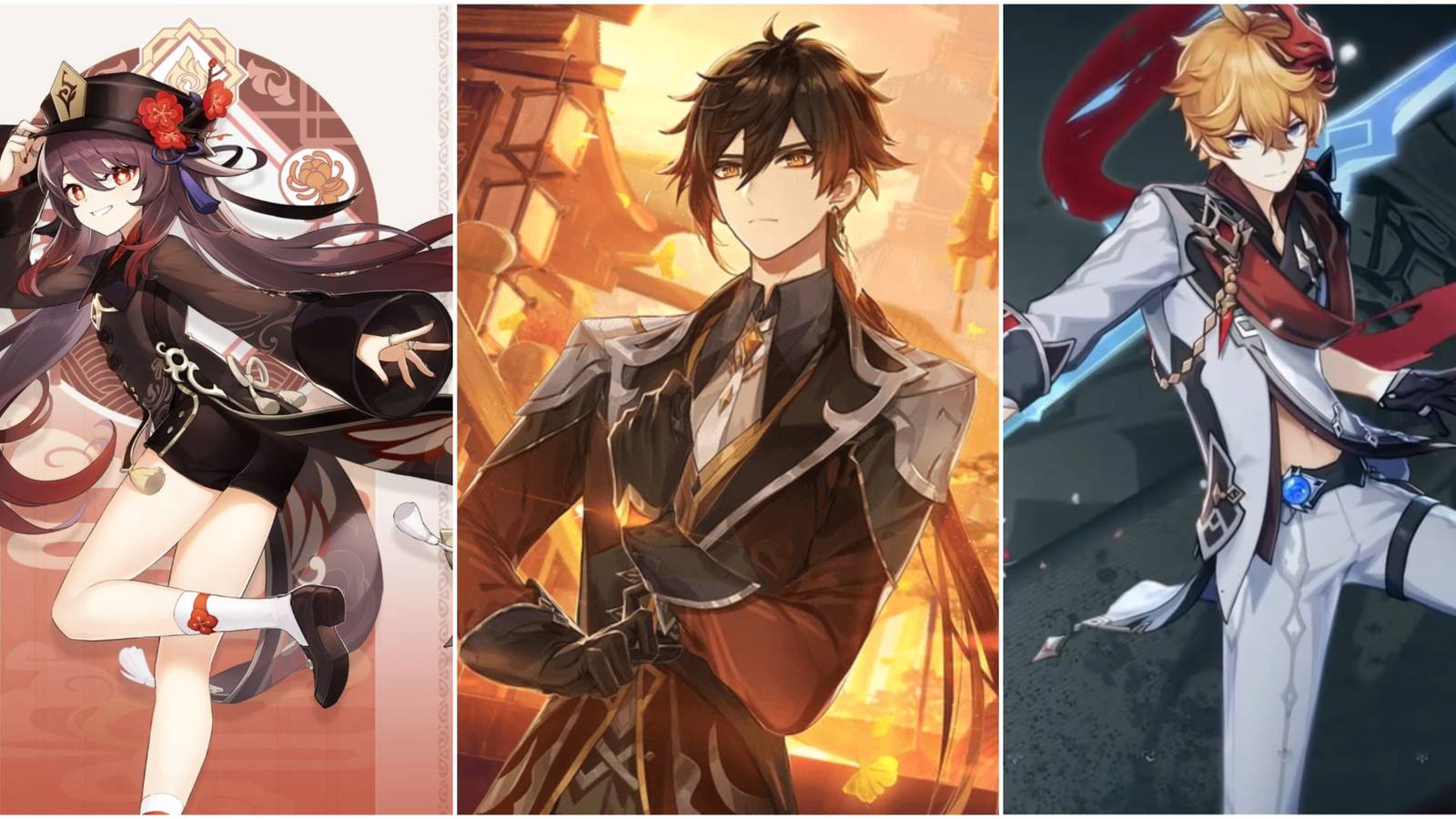 Collage of genshin impact, Hu tao, zhongli and tartaglia/childe