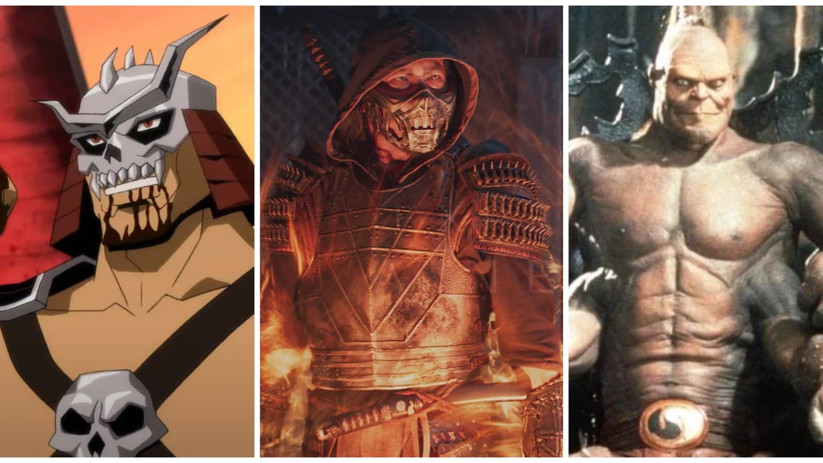 shao khan animated, mortal kombat 2021 scorpion, mortal kombat 1995 goro