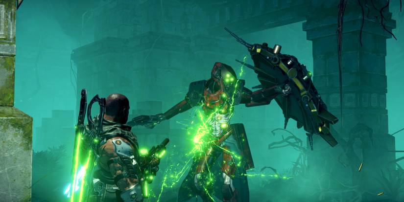 pprotagonsit shooting a mechanical warrior with a green gun