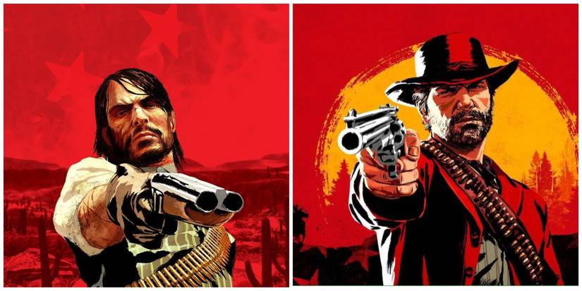 John Marston/Arthur Morgan both pointing guns with cowboy hats on