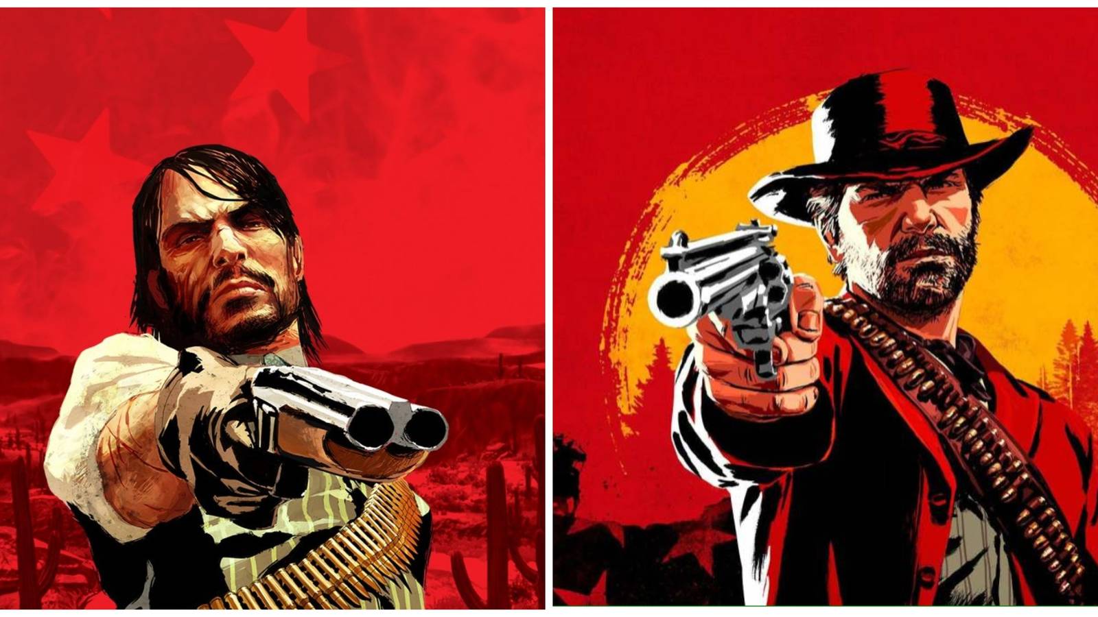 John Marston/Arthur Morgan both pointing guns with cowboy hats on