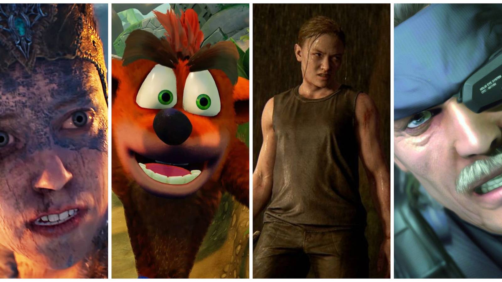 Senua, Crash Bandicoot, Abby, Solid Snake close ups