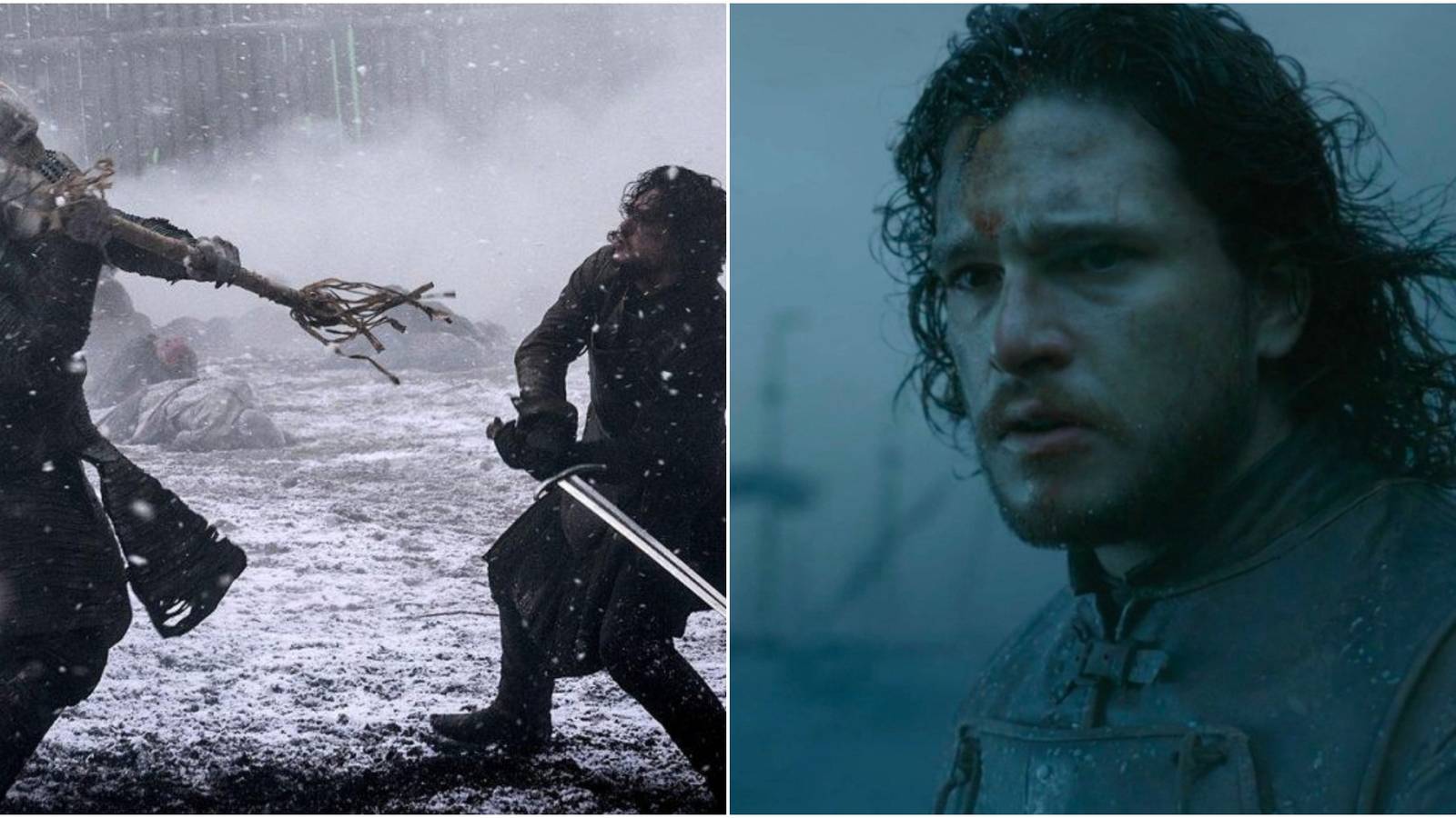 Split image of Jon Snow fighting the White Walker and him at Hardhome in Game of Thrones.