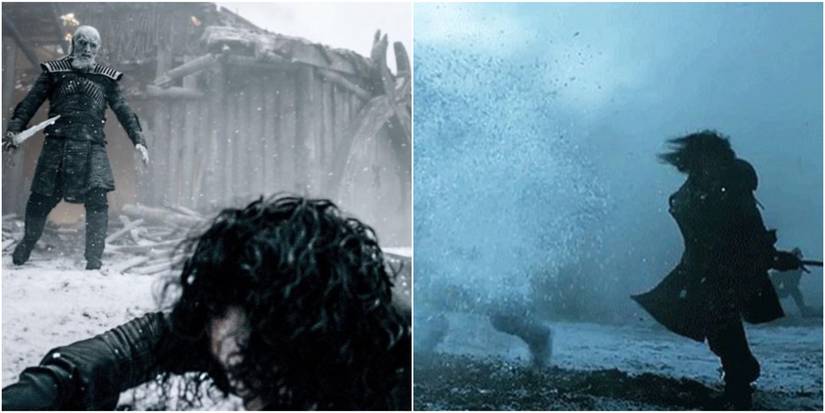 Split image of the White Walker and Jon Snow's combat at Hardhome in Game of Thrones.