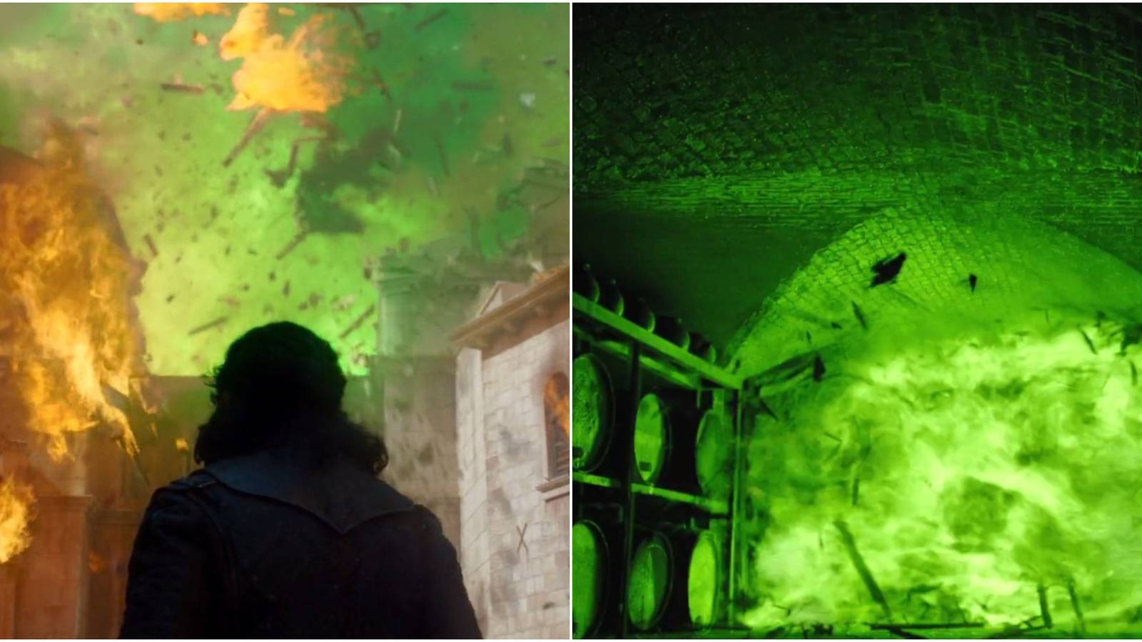 Split image of Wildfire explosions in Game of Thrones.