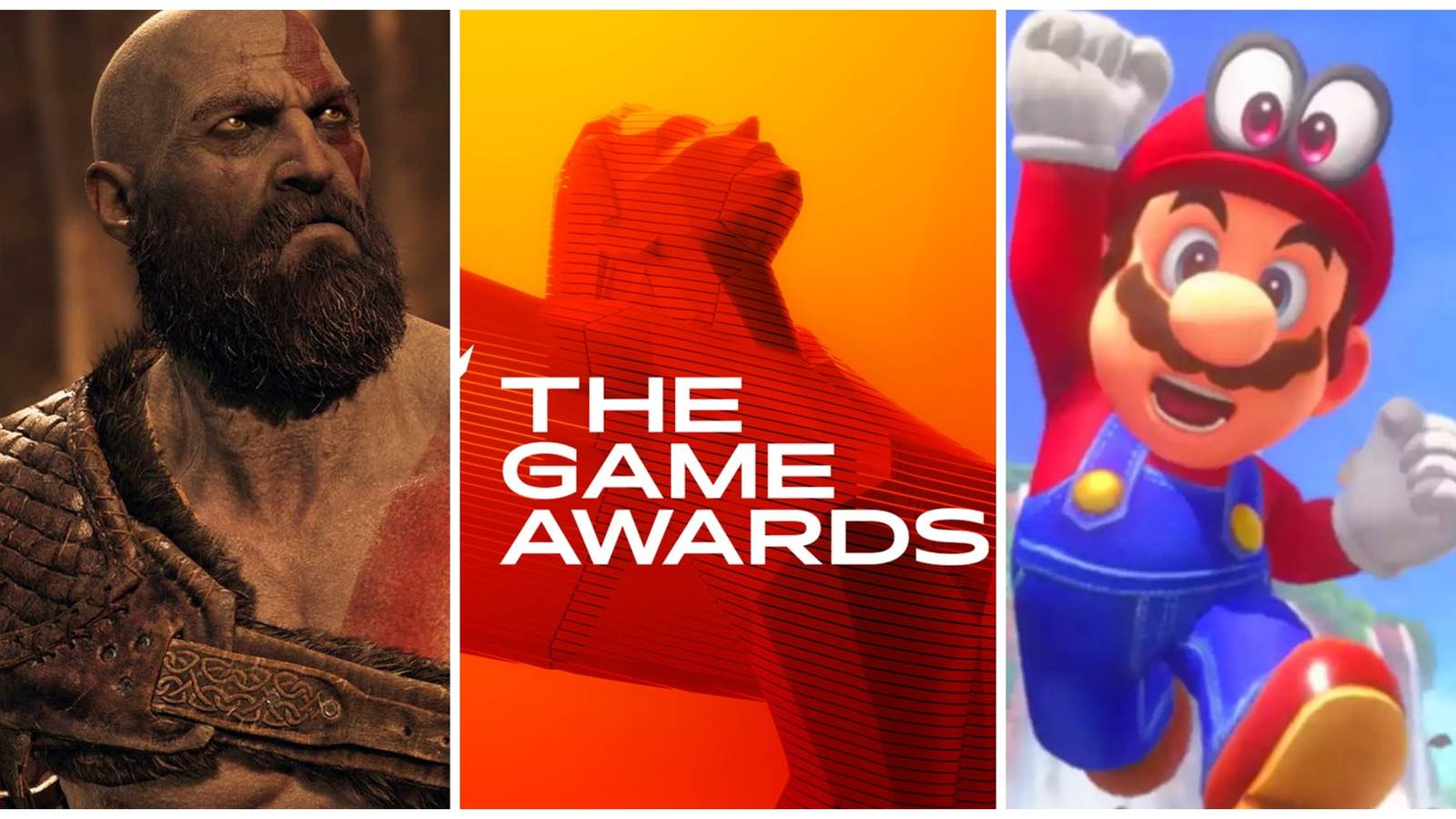 kratos from god of war ragnarok, the game awards trophy, mario and cappy 