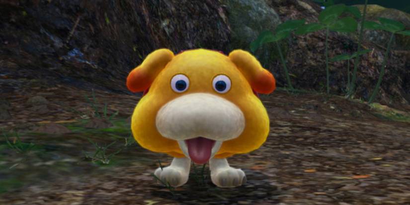 An image showcasing Pikmin 4's newest character edition, Oatchi, a big yellow dog-like creature.
