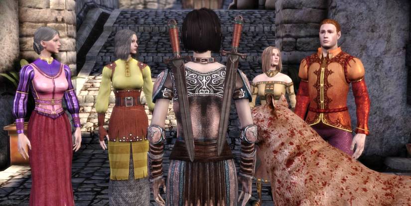 Cousland and her Mabari encounter Eleanor entertaining her guests in the Human Noble origin