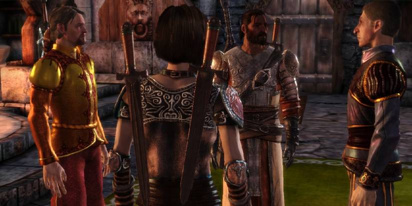 Cousland joins a conversation between Bryce, Duncan, and Arl Howe in the Human Noble origin in Dragon Age: Origins