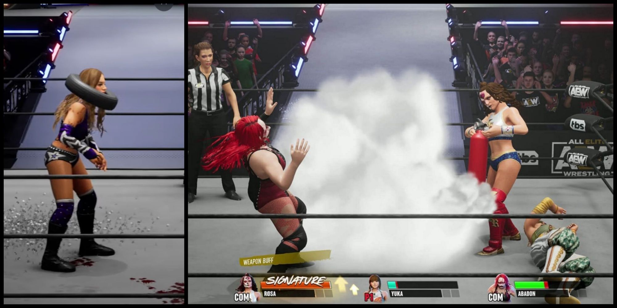 A car tire and fire extinguisher used as weapons in AEW: Fight Forever