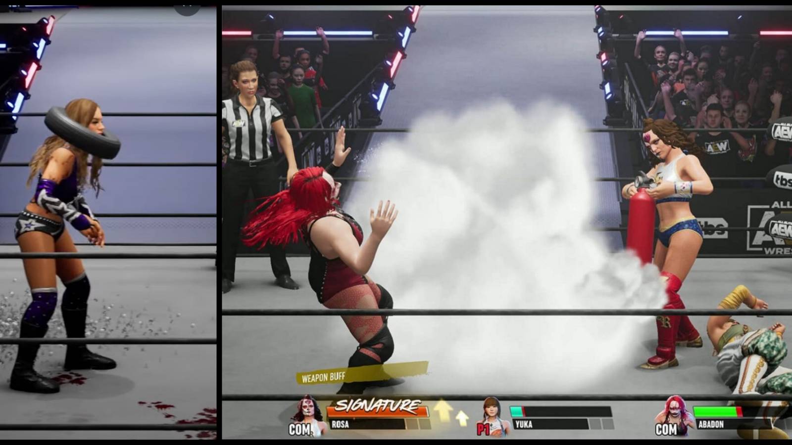 A car tire and fire extinguisher used as weapons in AEW: Fight Forever