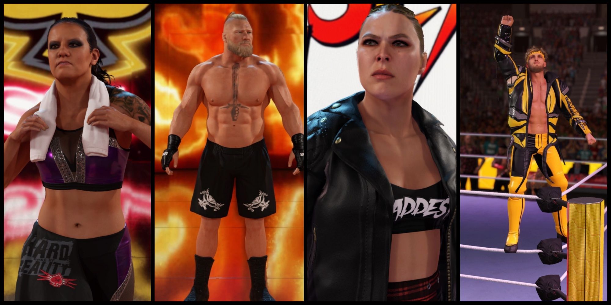Shayna Baszler, Brock Lesnar, Ronda Rousey, and Logan Paul from WWE 2K23