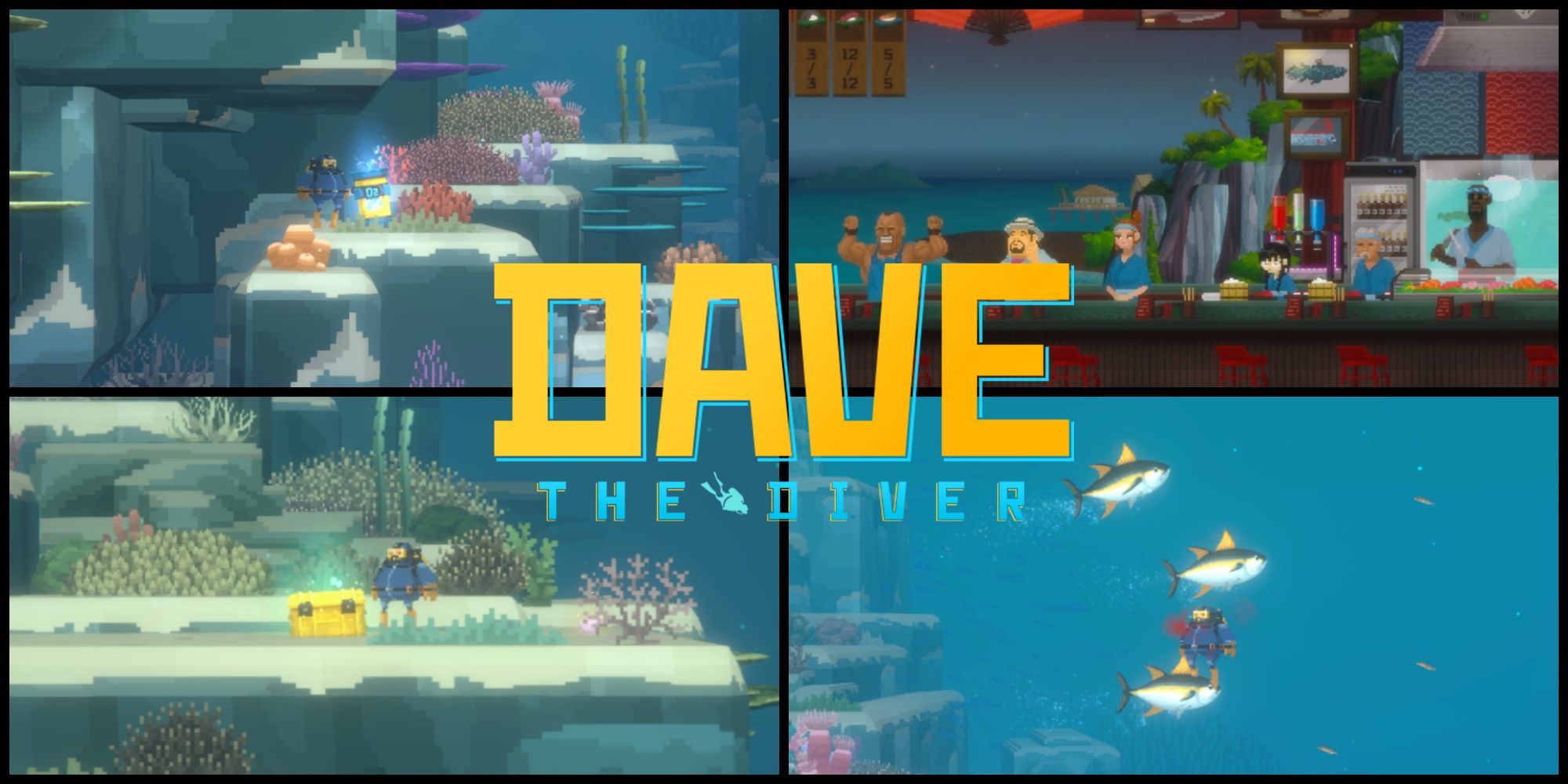 A series of screenshots from Dave The Diver, showing the character in various in-game scenarios