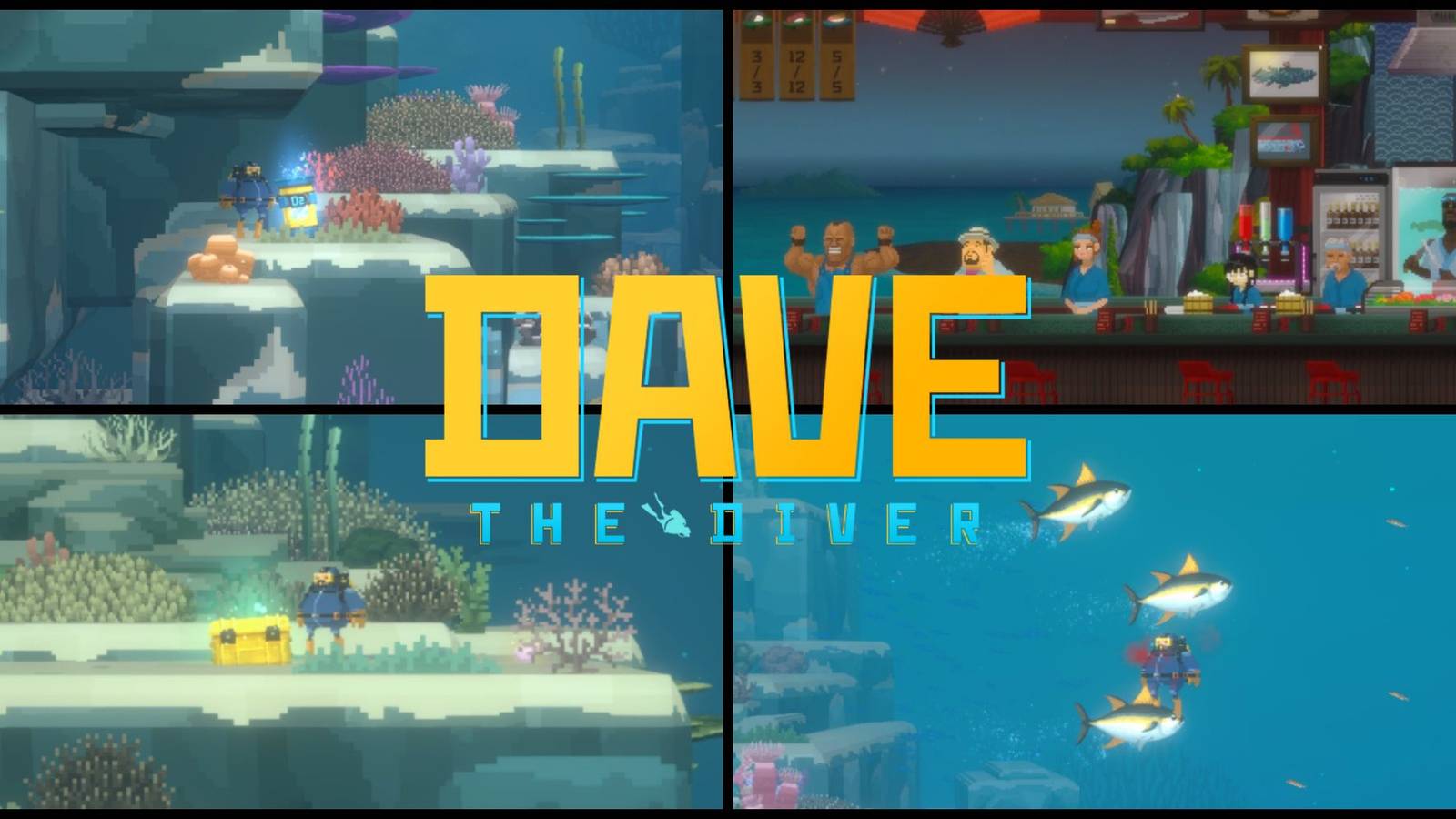 A series of screenshots from Dave The Diver, showing the character in various in-game scenarios