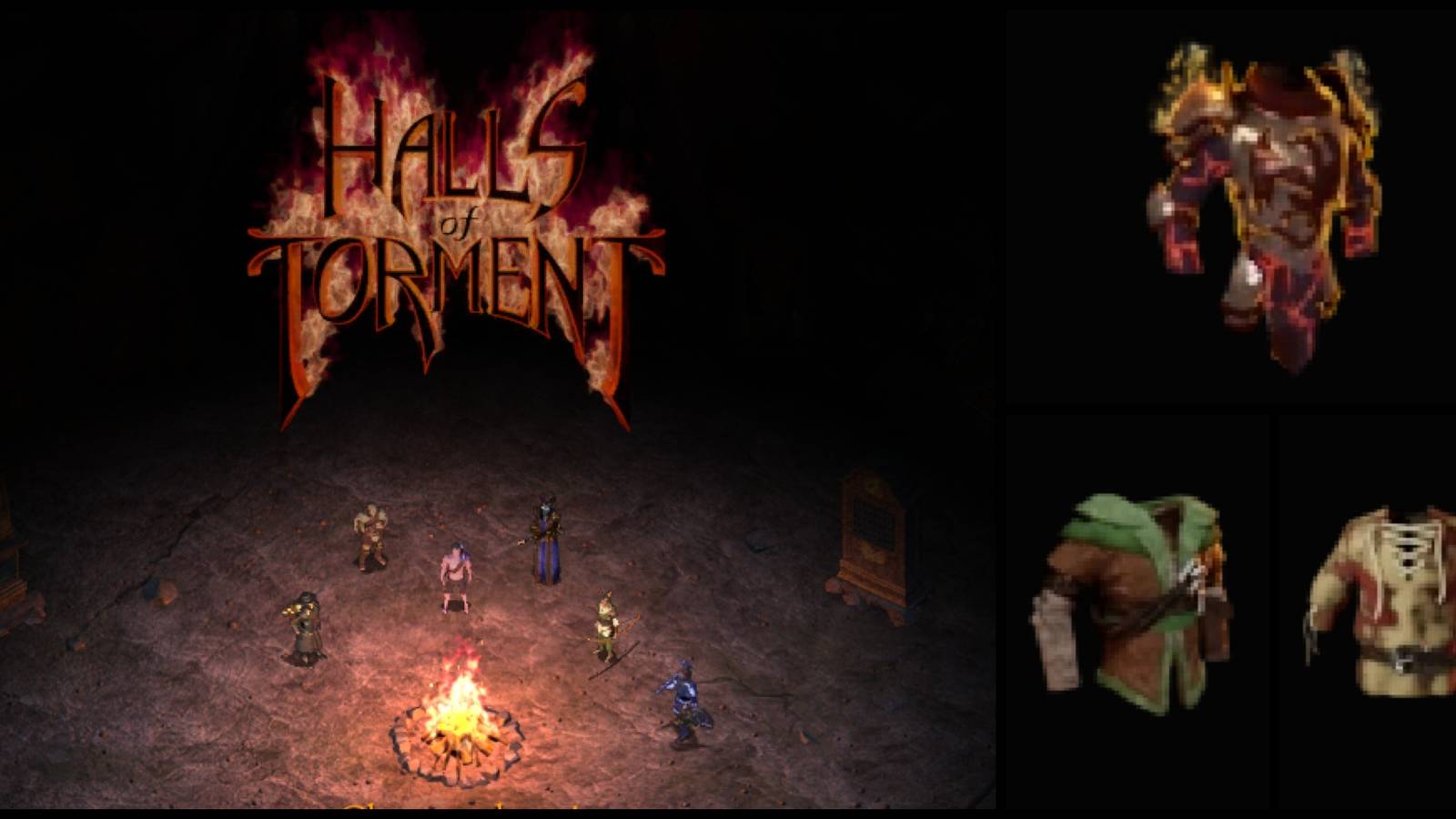 The title image for Halls Of Torment next to some of its best garments.