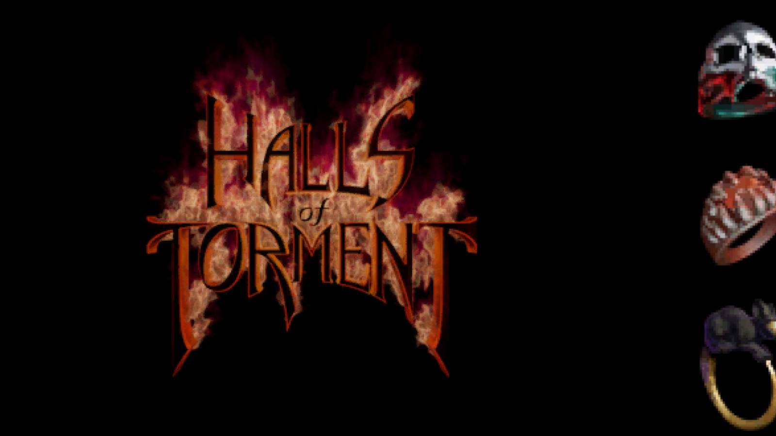The Halls of Torment title page next to some of the game's rings.