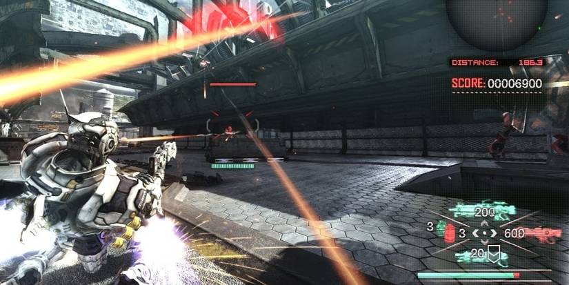 Sam Jetting Around A Battlefield Shooting Enemies In Vanquish