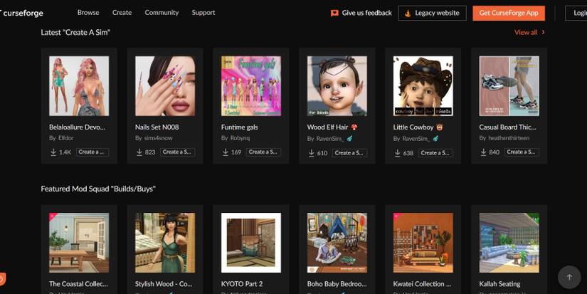 The front page of Curse Forge, a website which advertises mods and custom content for The Sims games