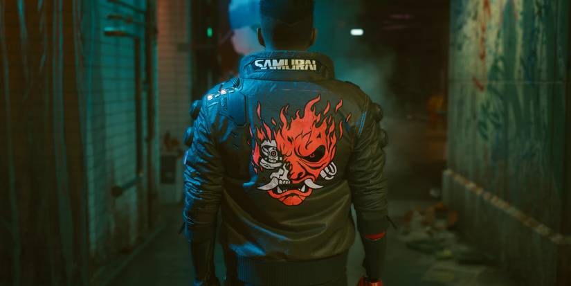 V wearing the samurai jacket. His back is to the view, so they can see the design. 