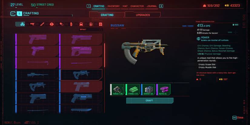 Cyberpunk 2077's Crafting Screen
