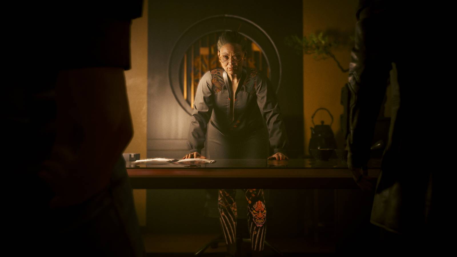 Cyberpunk 2077 Wakako Okada staring down V and Goro Takemura in office