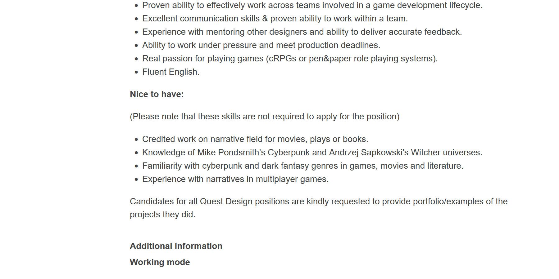 A screenshot of a recent job listing for a Senior Quest designer at CD Projekt Red.
