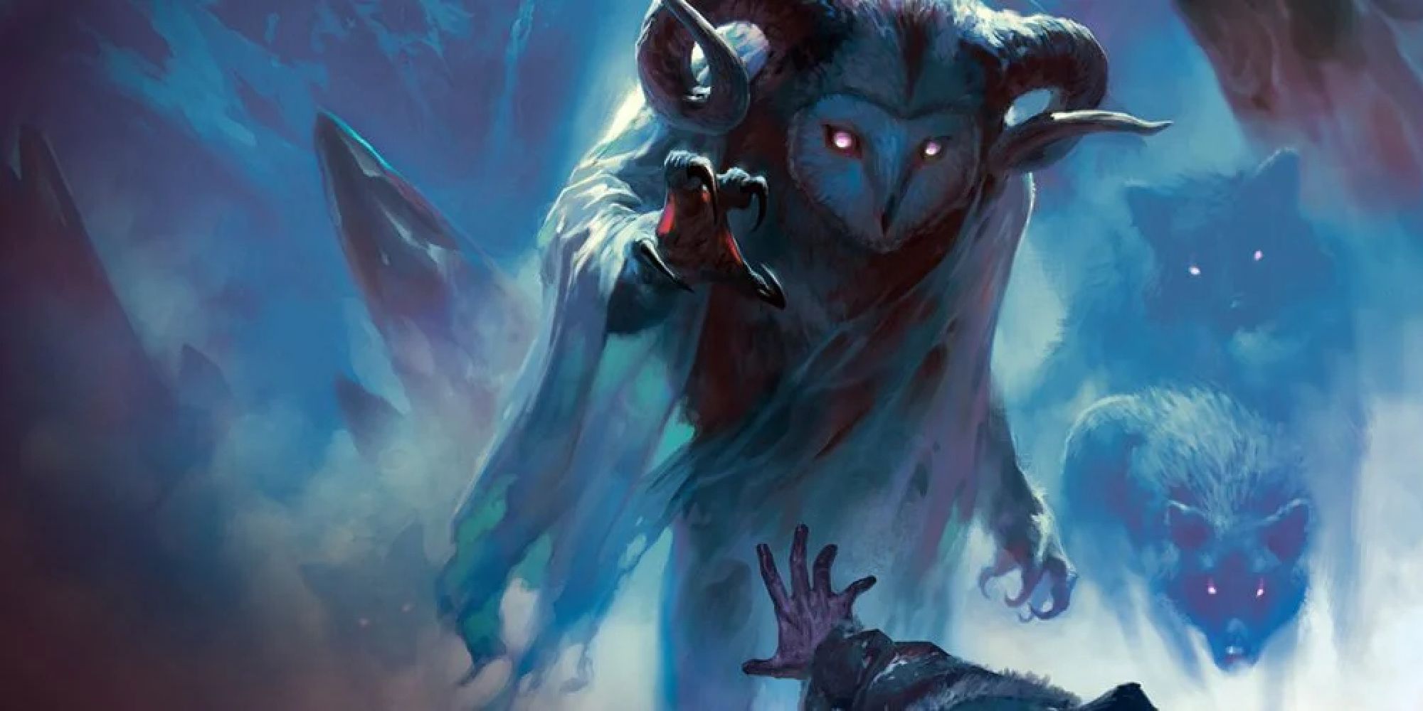 The frost maiden in her horned owl form, reaching one hand towards the adventurer as wolves follow after her.