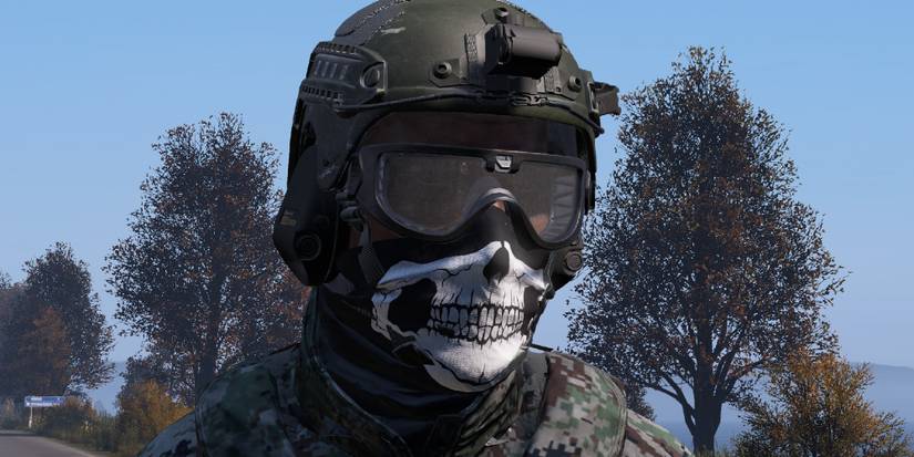 Close up of a character wearing the tactical goggles. 