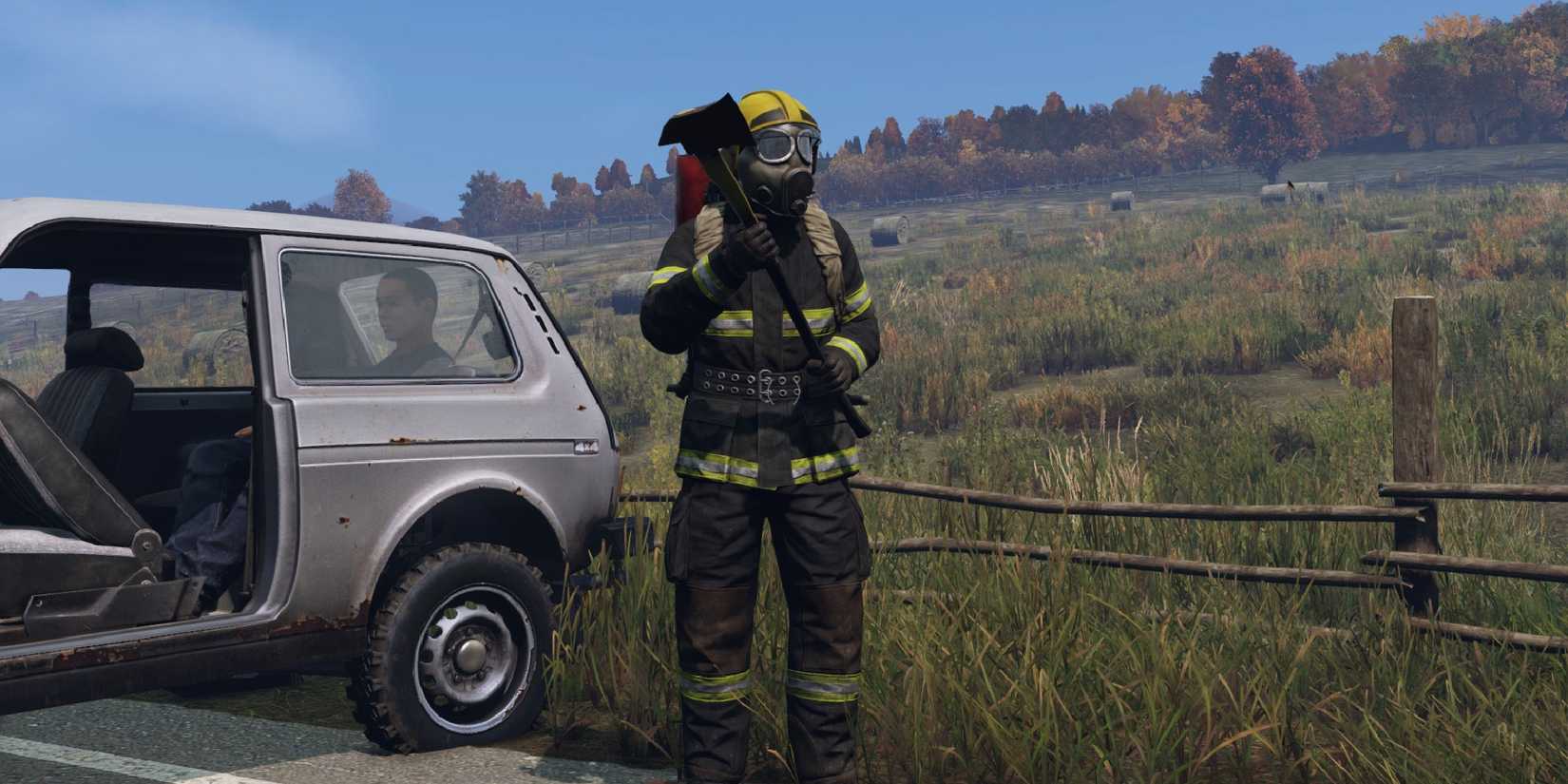 One of the characters wearing a full firefighter get up.