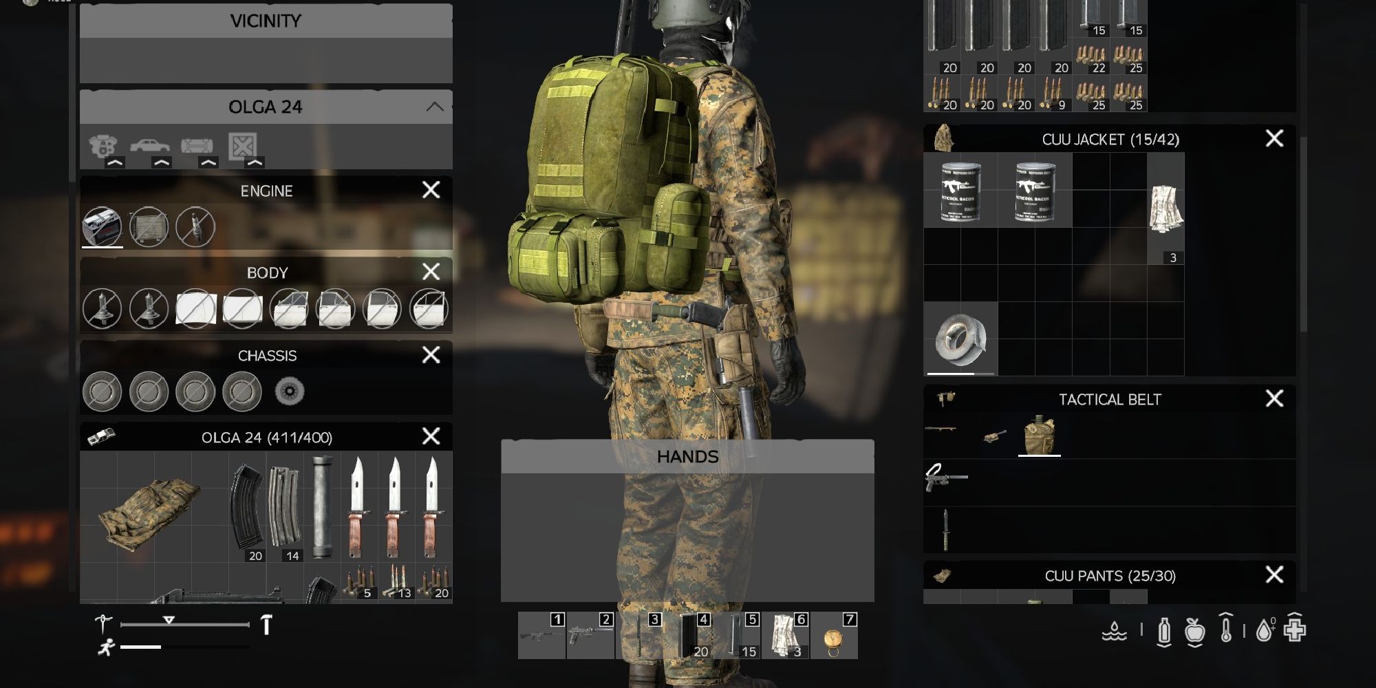 In-game screenshot of the player wearing the backpack, showing inventory slots.