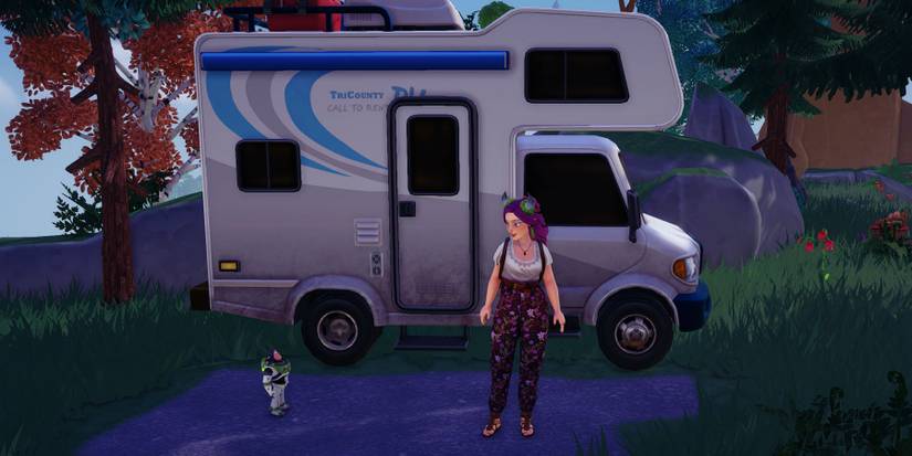 Buzz Lightyear by his RV in Disney Dreamlight Valley.