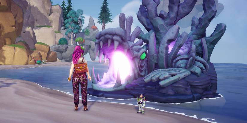 Player and Buzz Lightyear visit Ursula's home in Disney Dreamlight Valley.