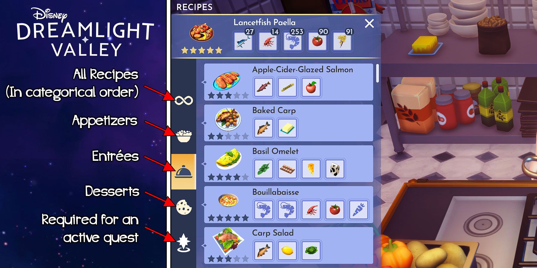 Cooking ingredient categories in Disney Dreamlight Valley.