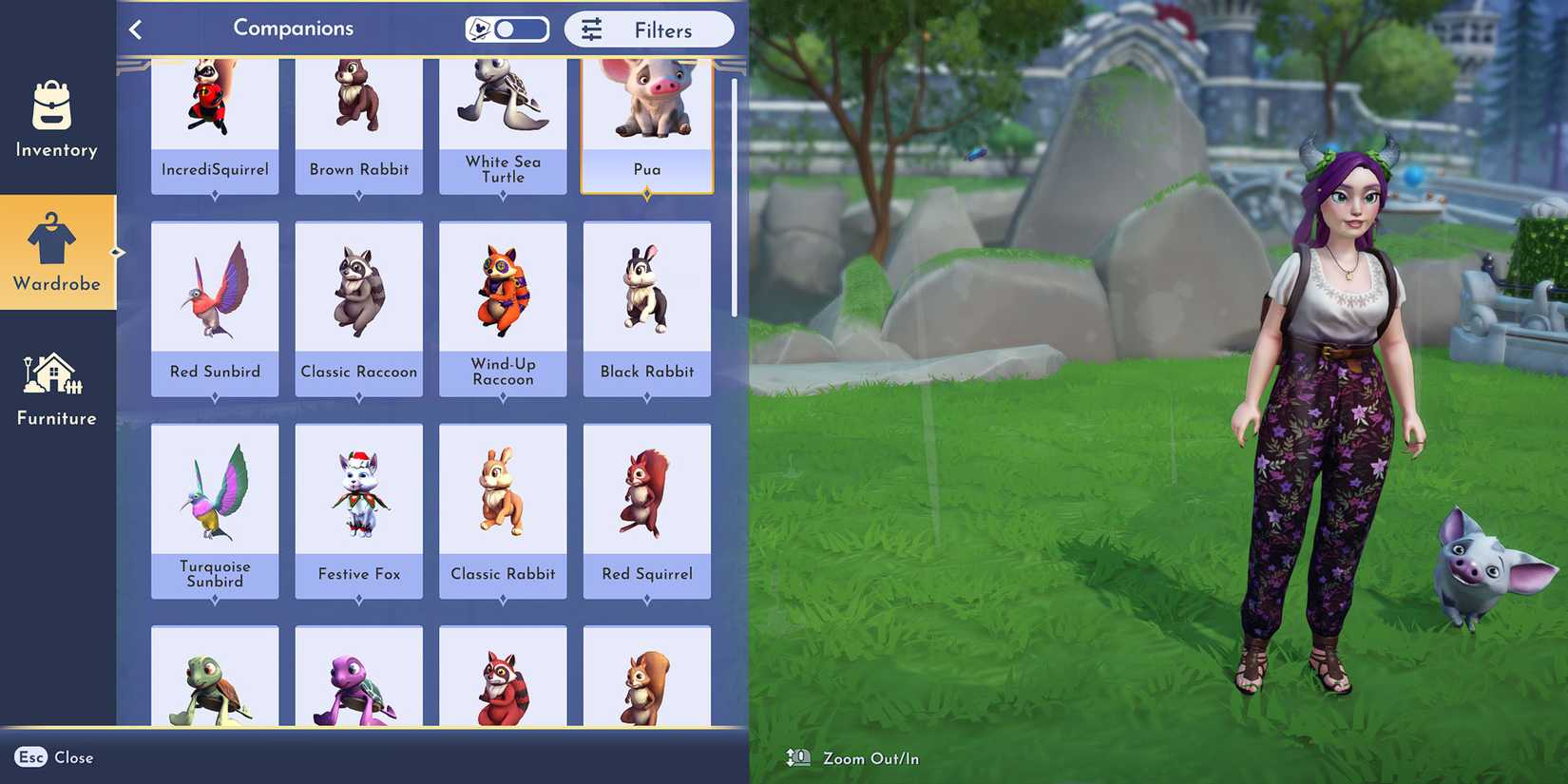 Equipping a companion via the Inventory's Wardrobe menu in Disney Dreamlight Valley.