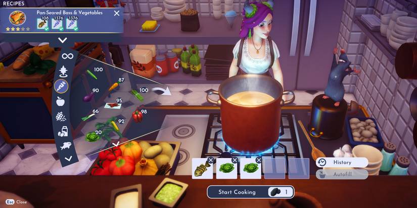 Preparing the Pan-Seared Bass & Vegetables recipe in Disney Dreamlight Valley.