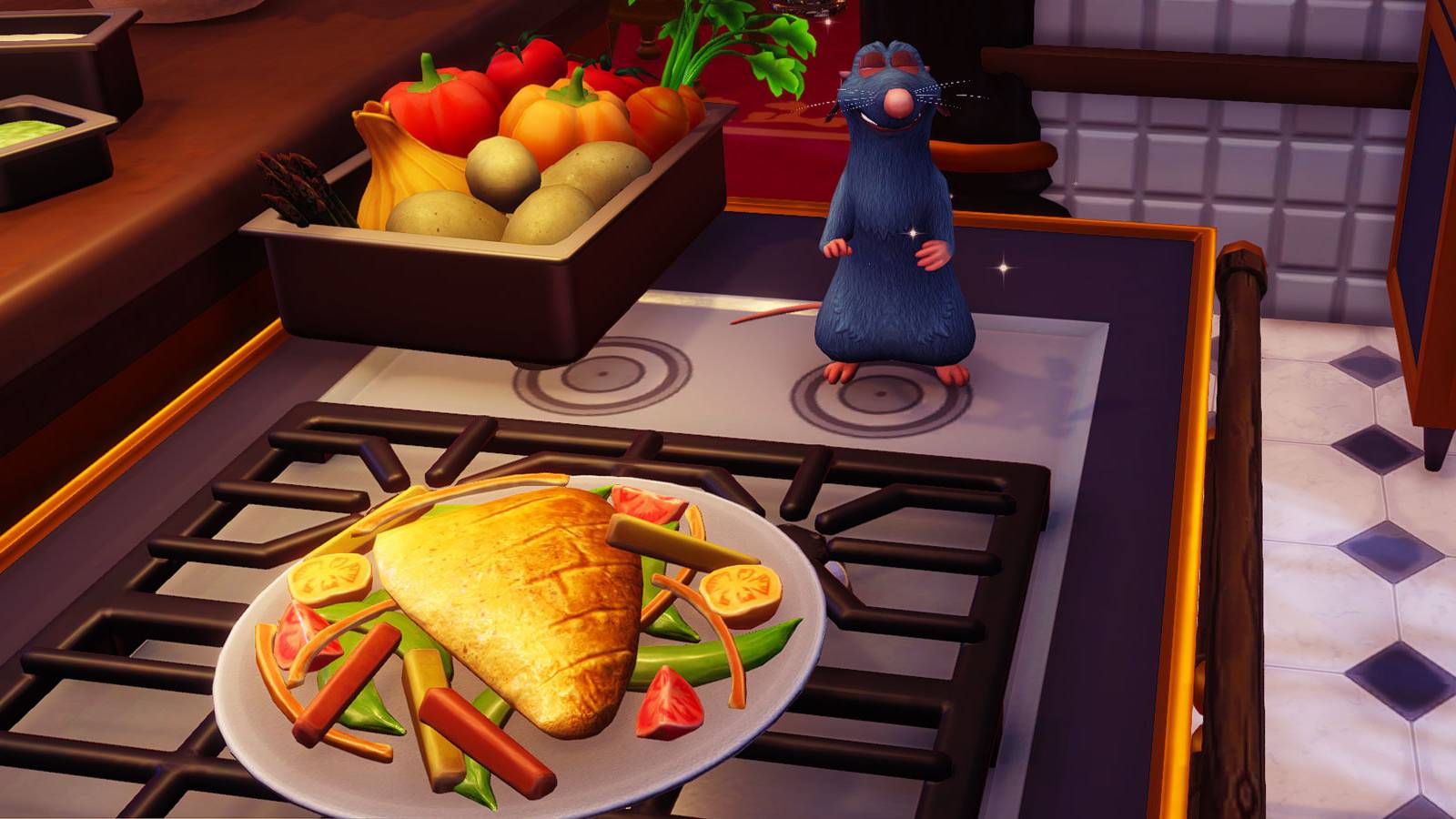 Preparing the Pan-Seared Bass & Vegetables recipe in Disney Dreamlight Valley.